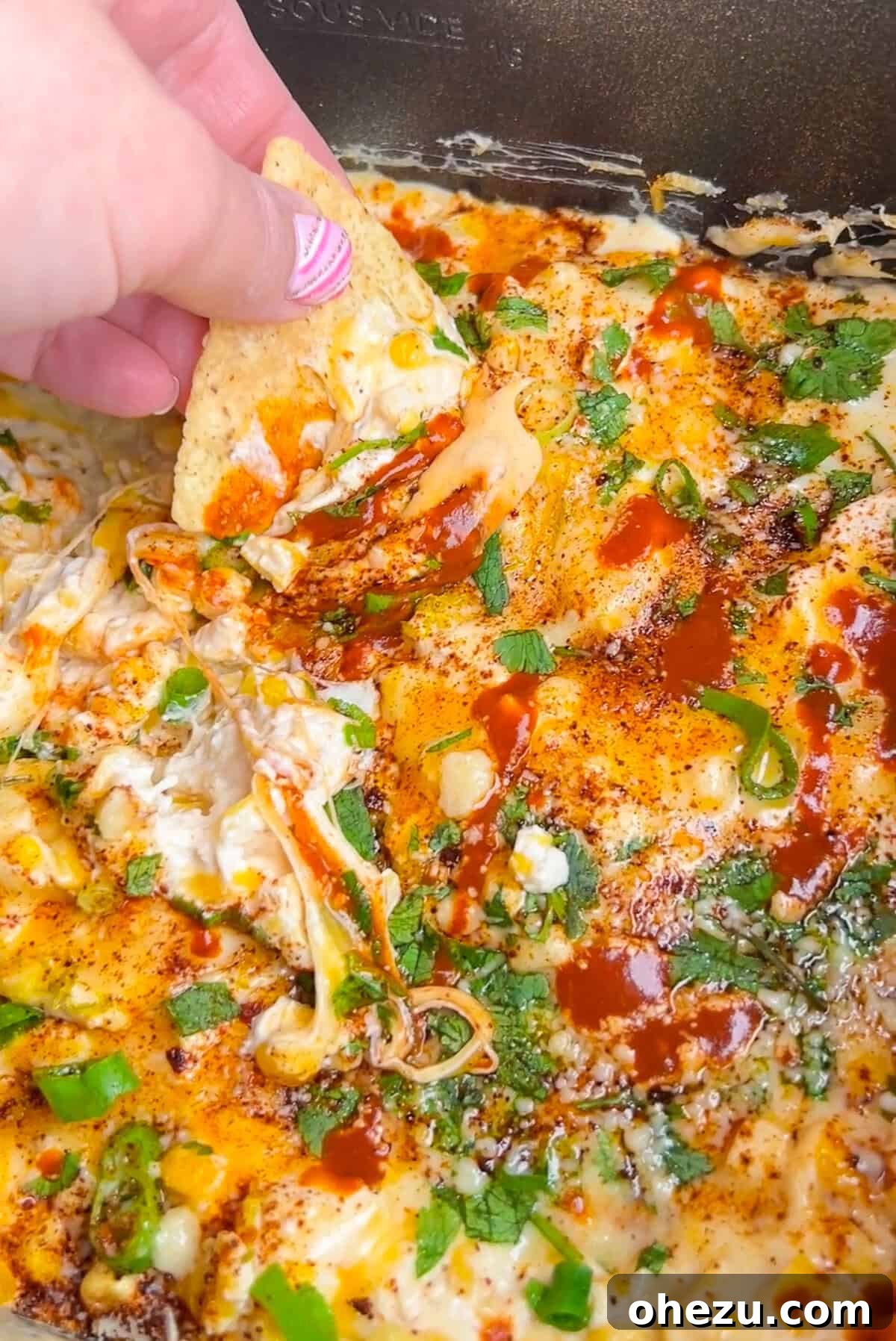 Warm Fiesta Corn Dip 3 Mexican street corn dip with a spoon