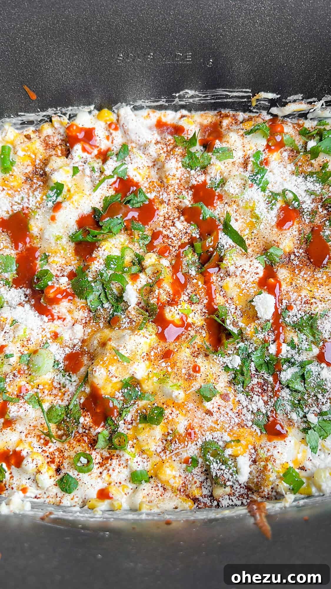 Warm Fiesta Corn Dip 6 Mexican street corn dip with ingredients on a table