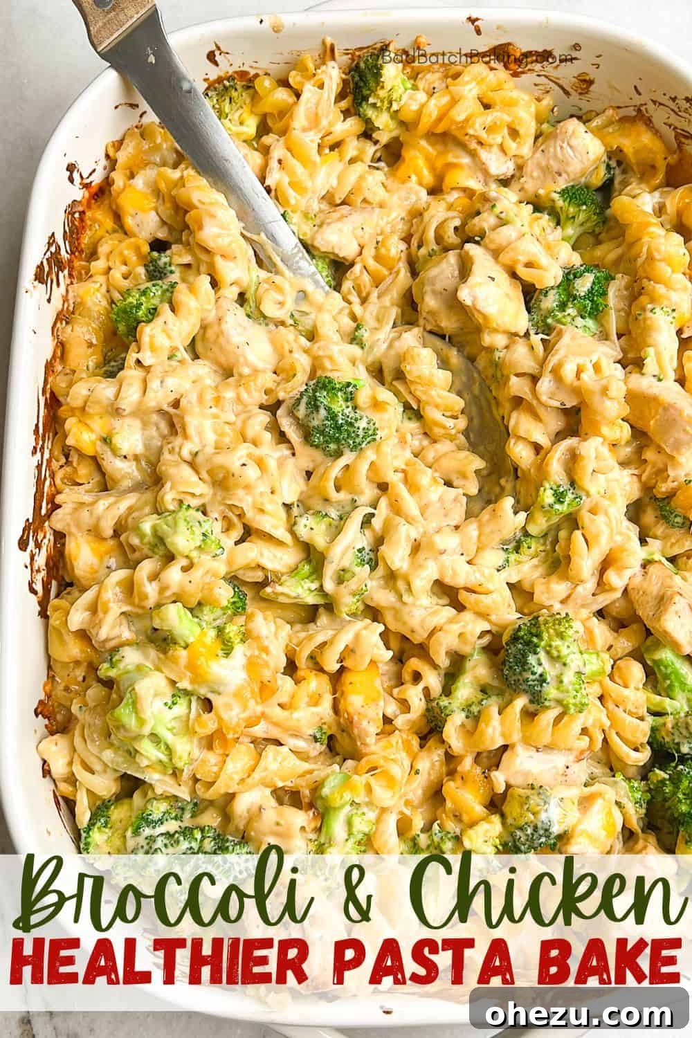 Broccoli chicken pasta bake overhead shot