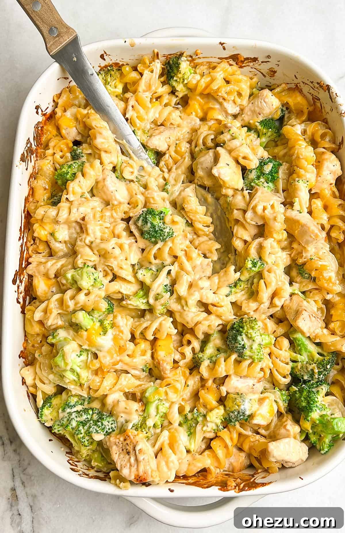 Broccoli chicken pasta bake close-up