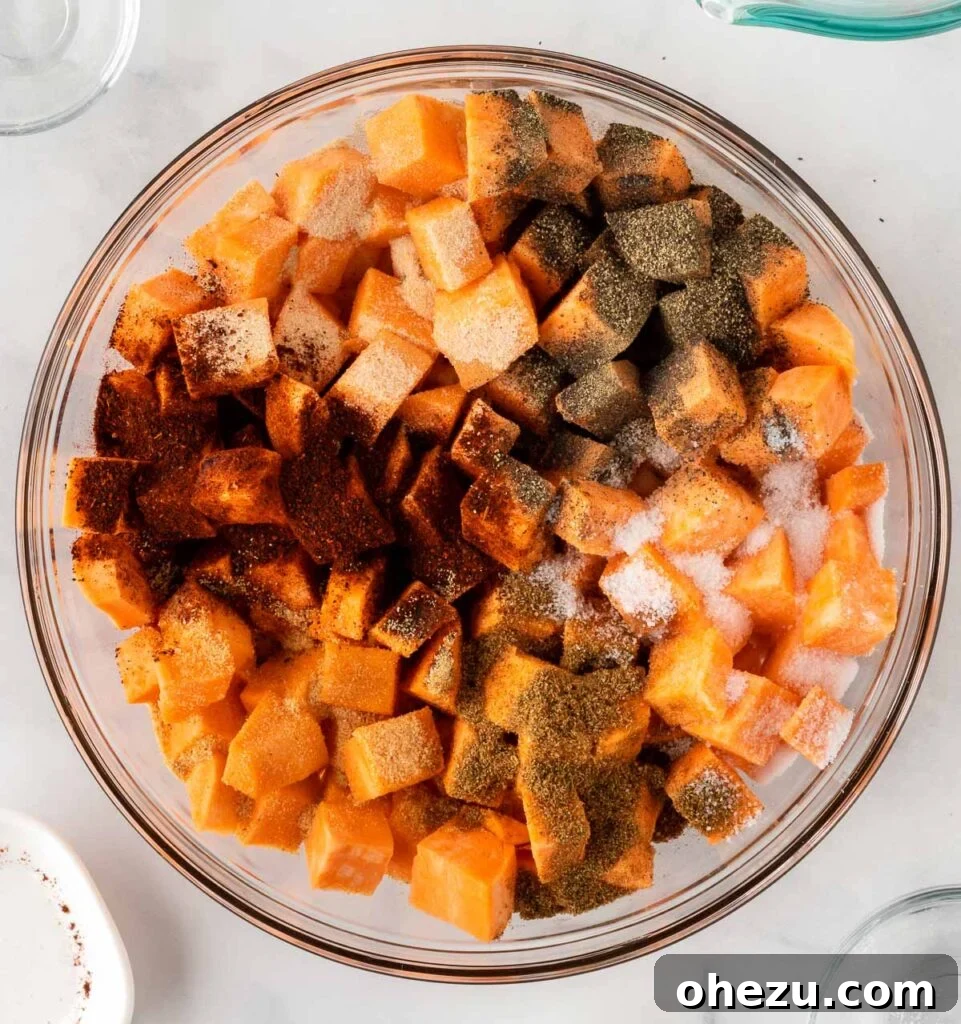 Sweet potato cubes sprinkled with an array of aromatic spices