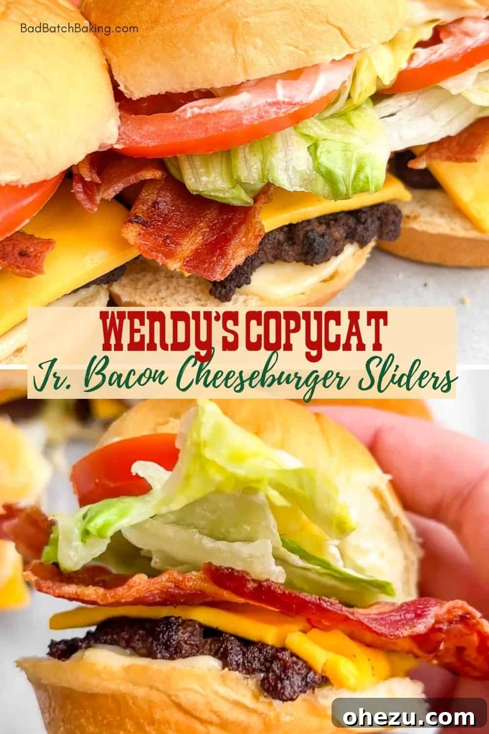 A vibrant close-up of several Jr. Bacon Cheeseburger Sliders, perfectly layered and ready to eat.