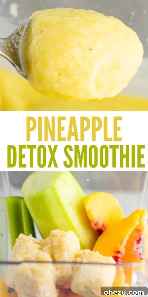 Sunshine Detox Blend 15 Image with text overlay "Pineapple Detox Smoothie", visually appealing and shareable.