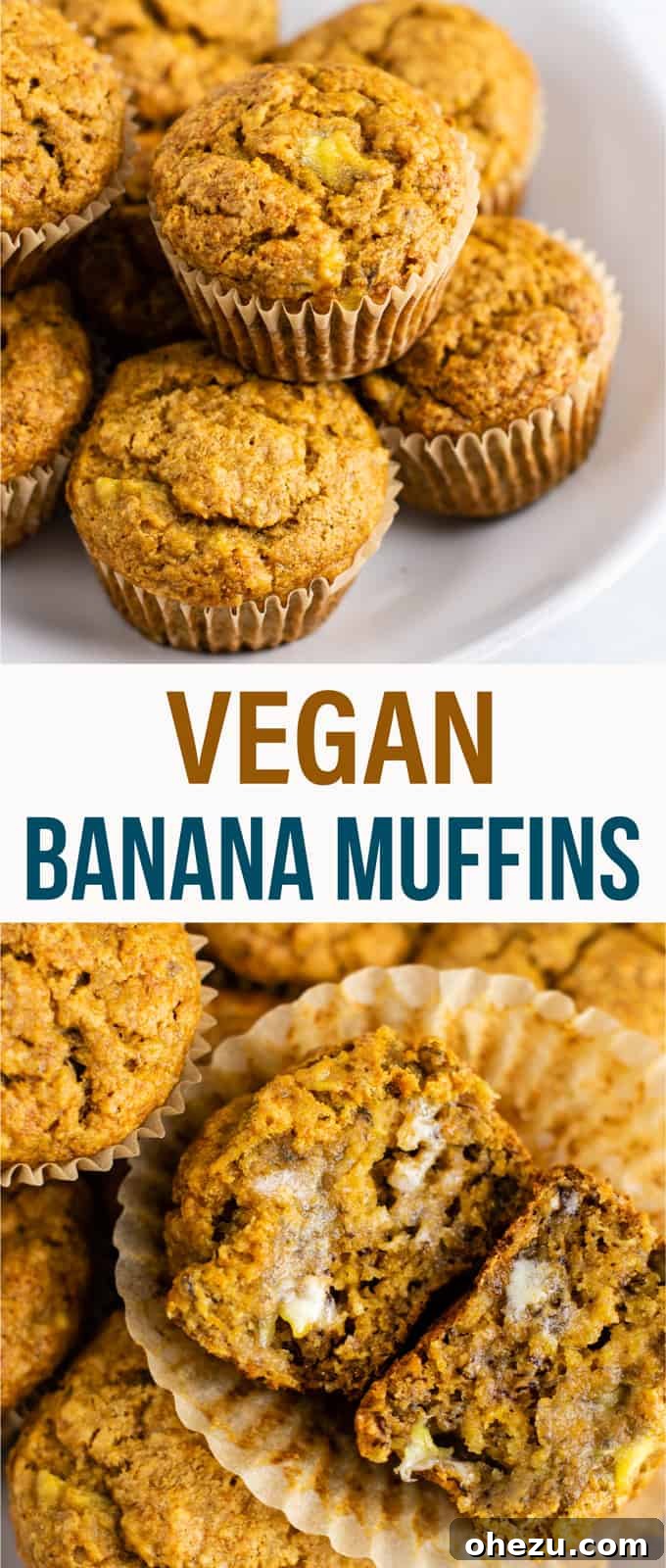 Healthy and easy vegan banana muffins recipe with applesauce – amazing, oil-free, no flax eggs or difficult ingredients. A great vegan breakfast or snack. #veganbananamuffins #veganbreakfast #vegan #breakfast #healthymuffins #healthybananamuffins #veganmuffins