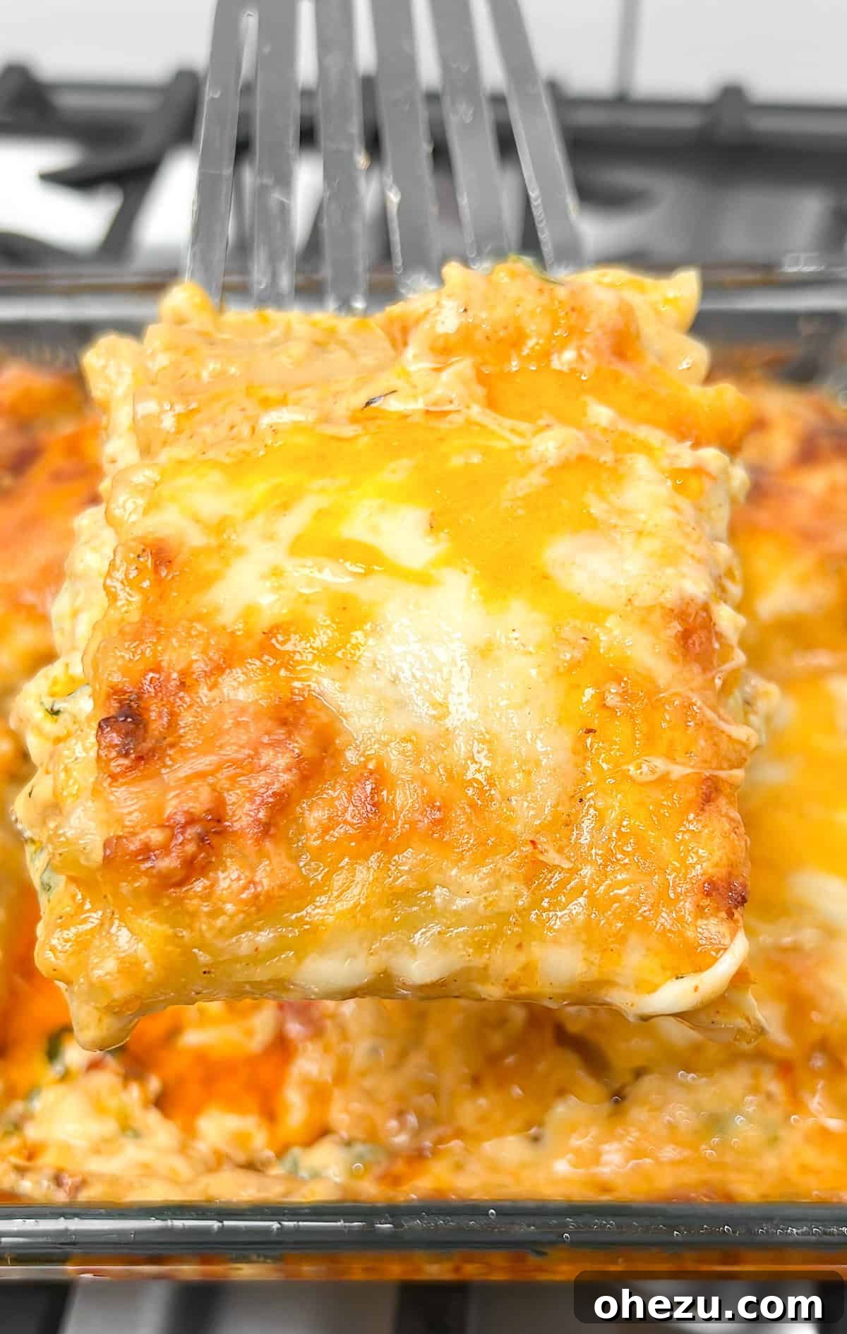 Close-up of perfectly baked Cajun Chicken Lasagna Roll-ups with creamy sauce