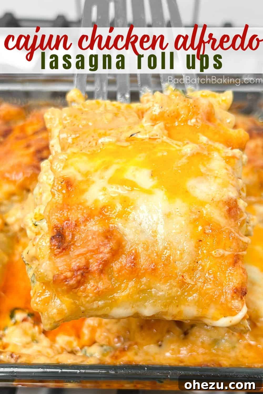 Close-up of baked Cajun Chicken Lasagna Roll-ups, ready to serve