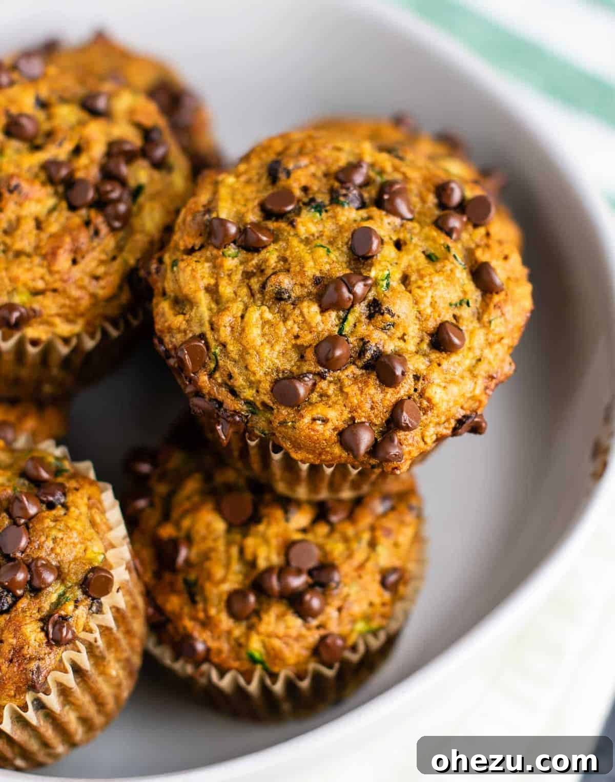 An inviting overhead shot of a plate of healthy chocolate chip zucchini muffins, perfectly baked and ready to eat, with a focus on their wholesome appeal.