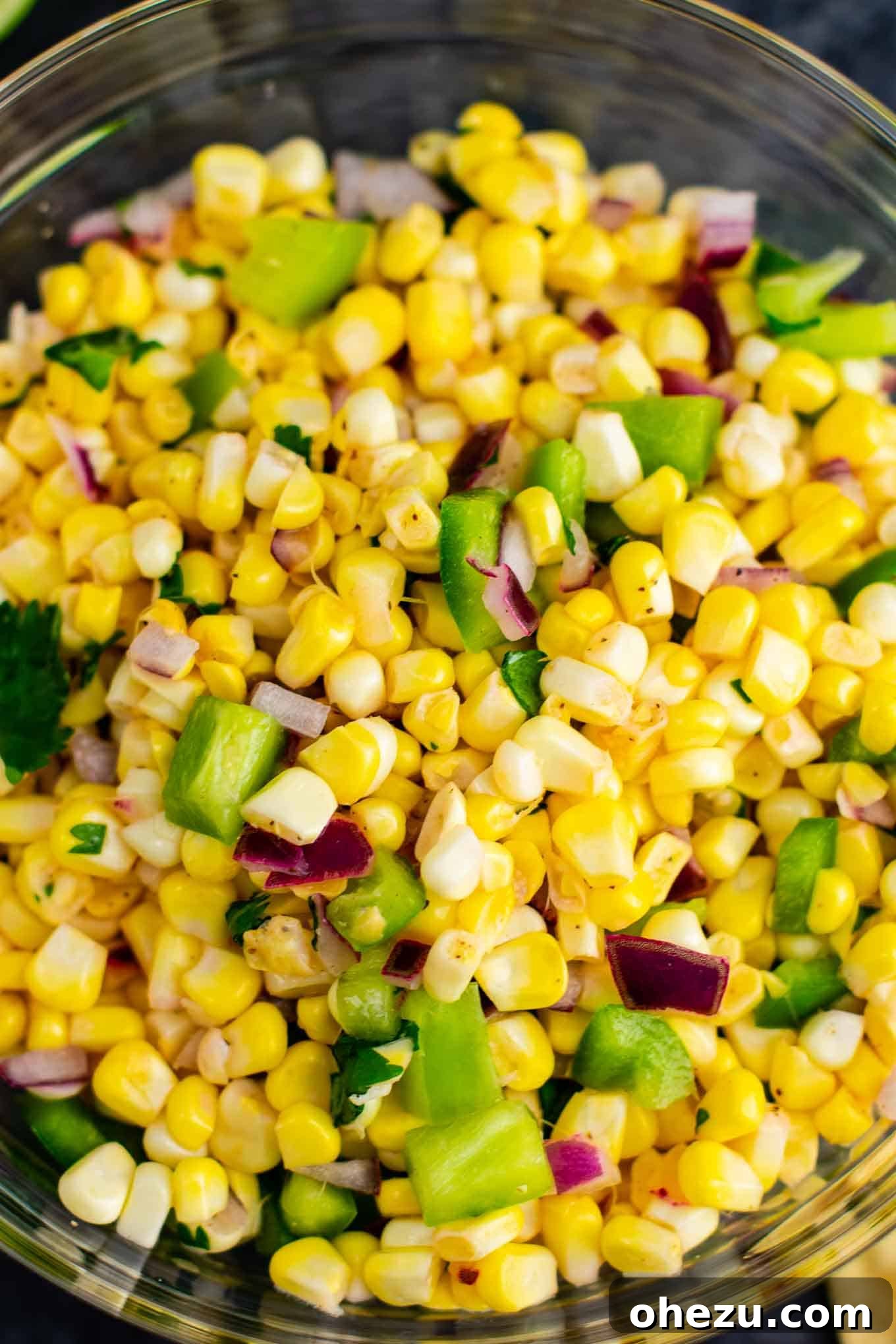 A delightful bowl of fresh corn salsa presented beautifully, ready to be served at a gathering or as a healthy snack.