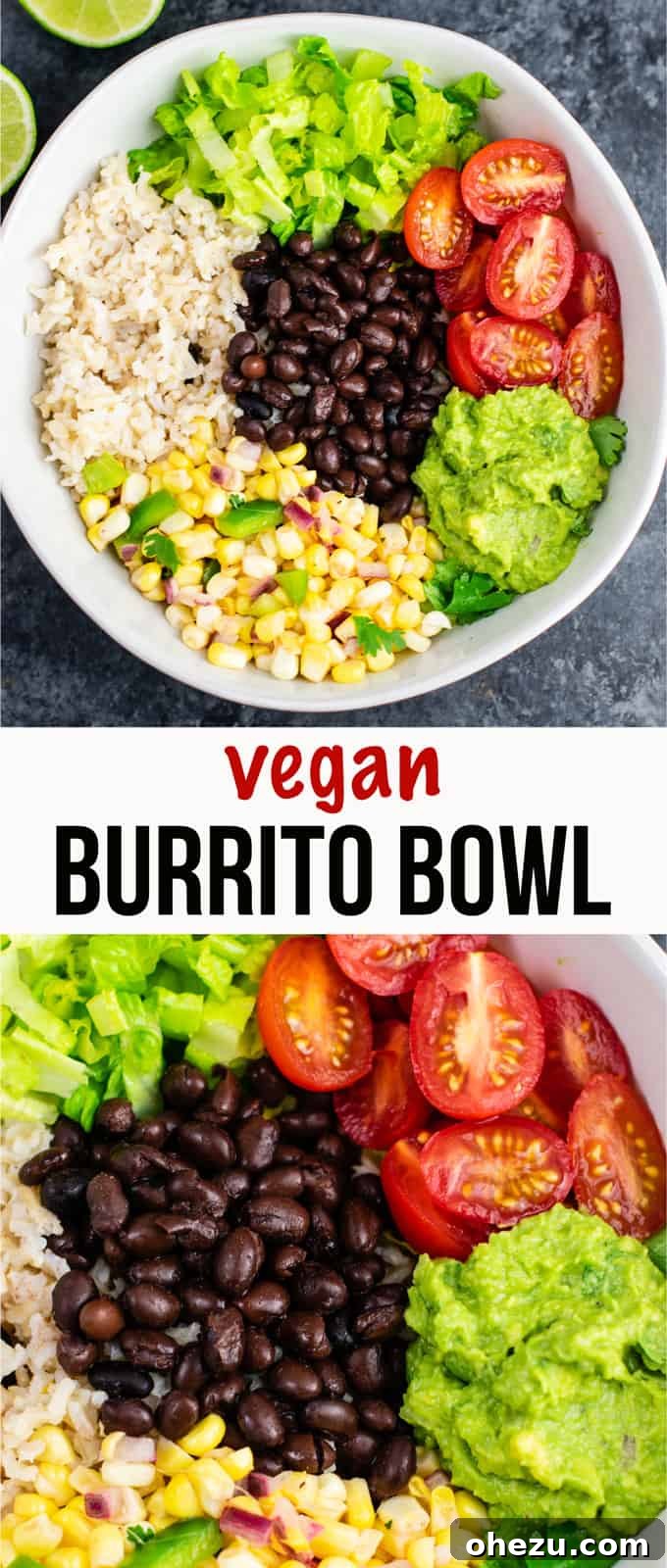 A stack of three vegan burrito bowls, perfectly portioned for meal prep, showcasing the fresh ingredients and vibrant colors. Ideal for healthy eating. #veganmealprep #burritobowls #healthylunch #plantbasedbowls