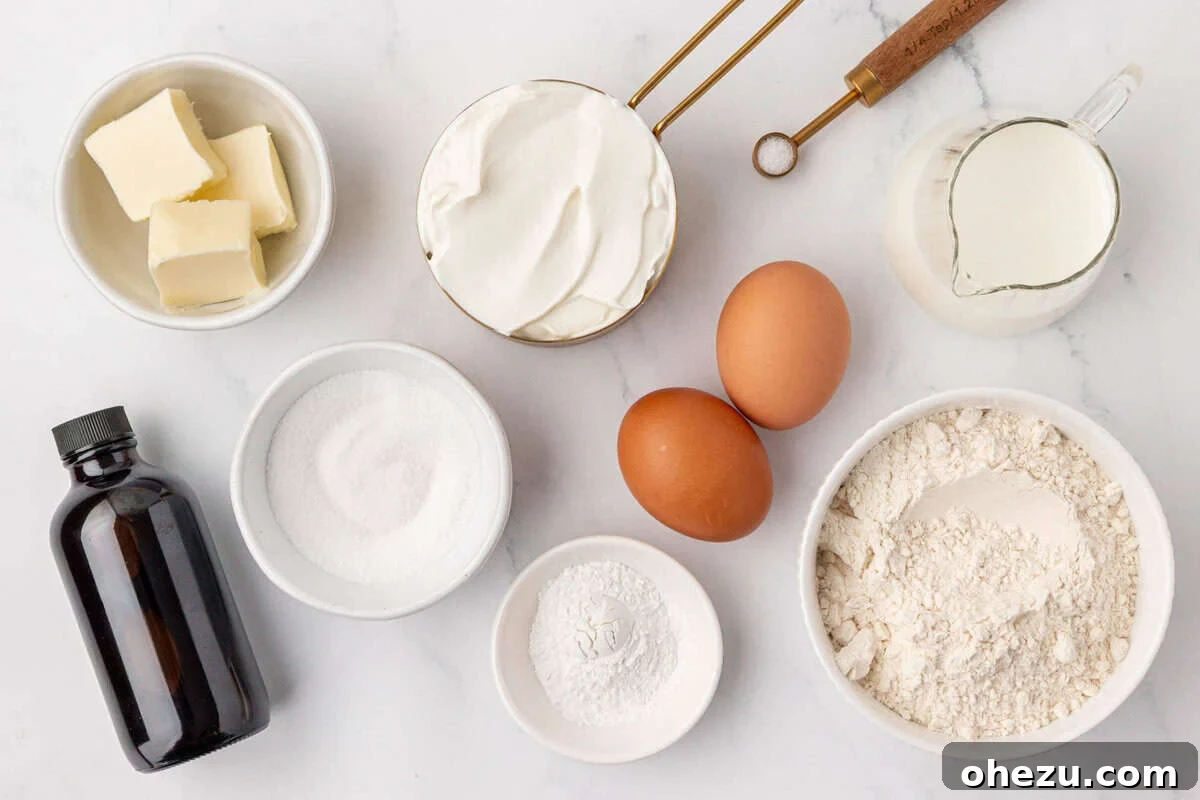 All the raw ingredients for Greek yogurt pancakes laid out on a kitchen counter.