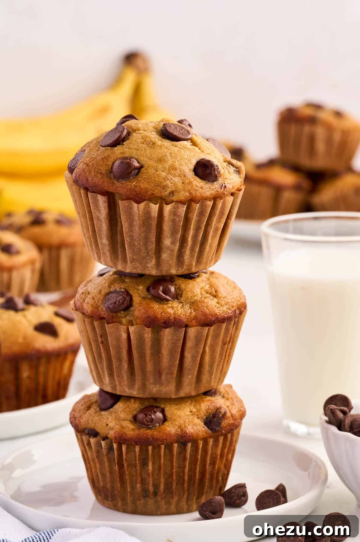 Moist Banana Greek Yogurt Muffins 3 Close-up of Greek yogurt banana muffins, showing their fluffy texture and delicious golden crust.