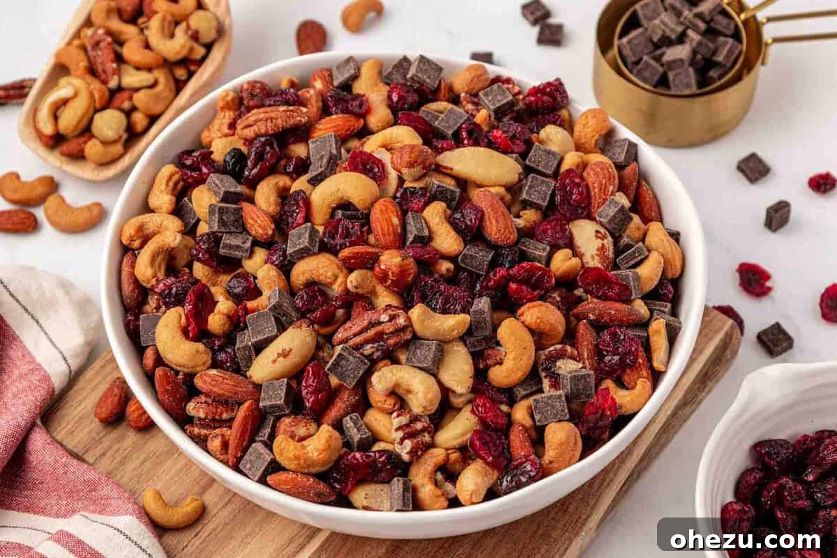 A wide shot of a bowl filled with homemade trail mix, featuring the varied textures and colors of nuts, dried fruits, and chocolate, artfully arranged.