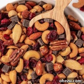 A close-up image of a scoop of homemade trail mix.