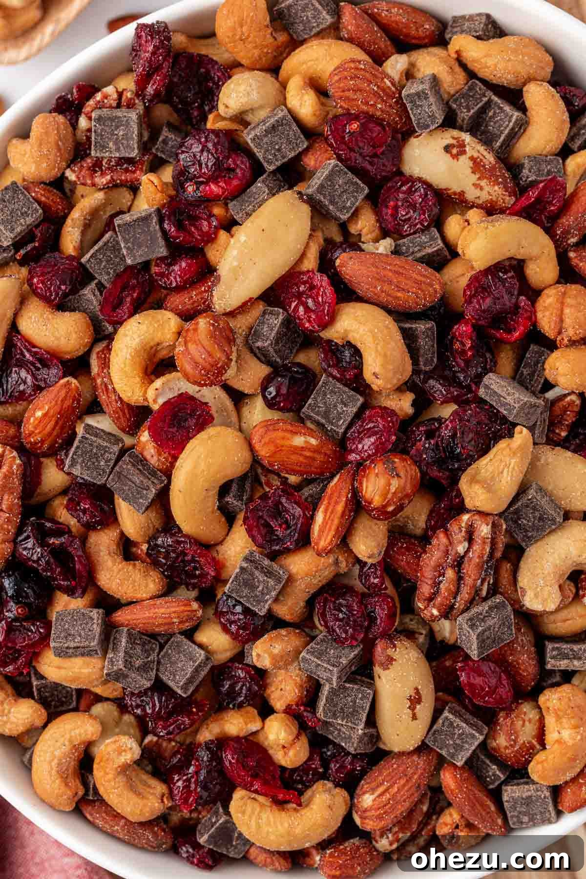 A close-up of a generous pile of homemade trail mix, showing the inviting blend of textures and colors from mixed nuts, dried cranberries, and dark chocolate pieces.