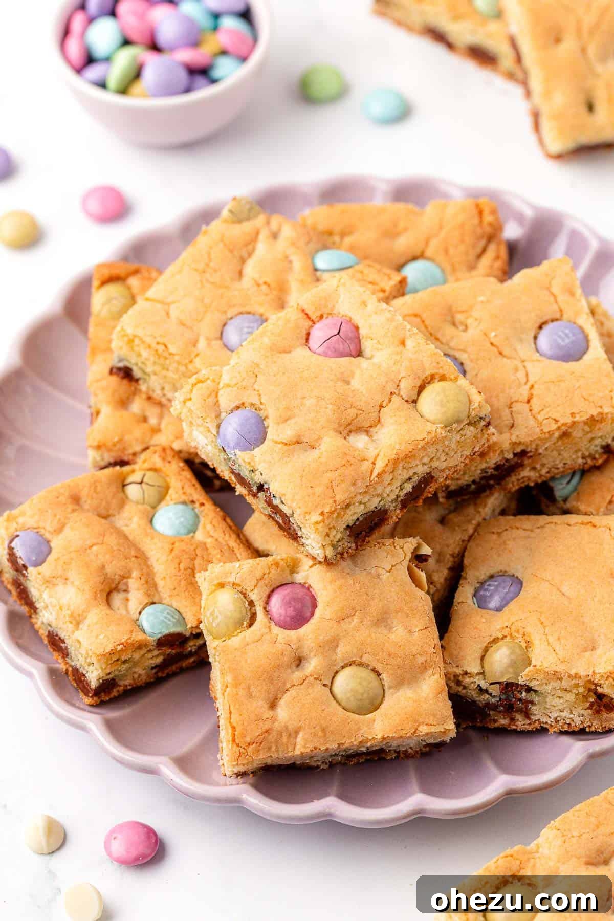 Delicious Easter cookie bars, showcasing their vibrant M&M colors and soft texture.