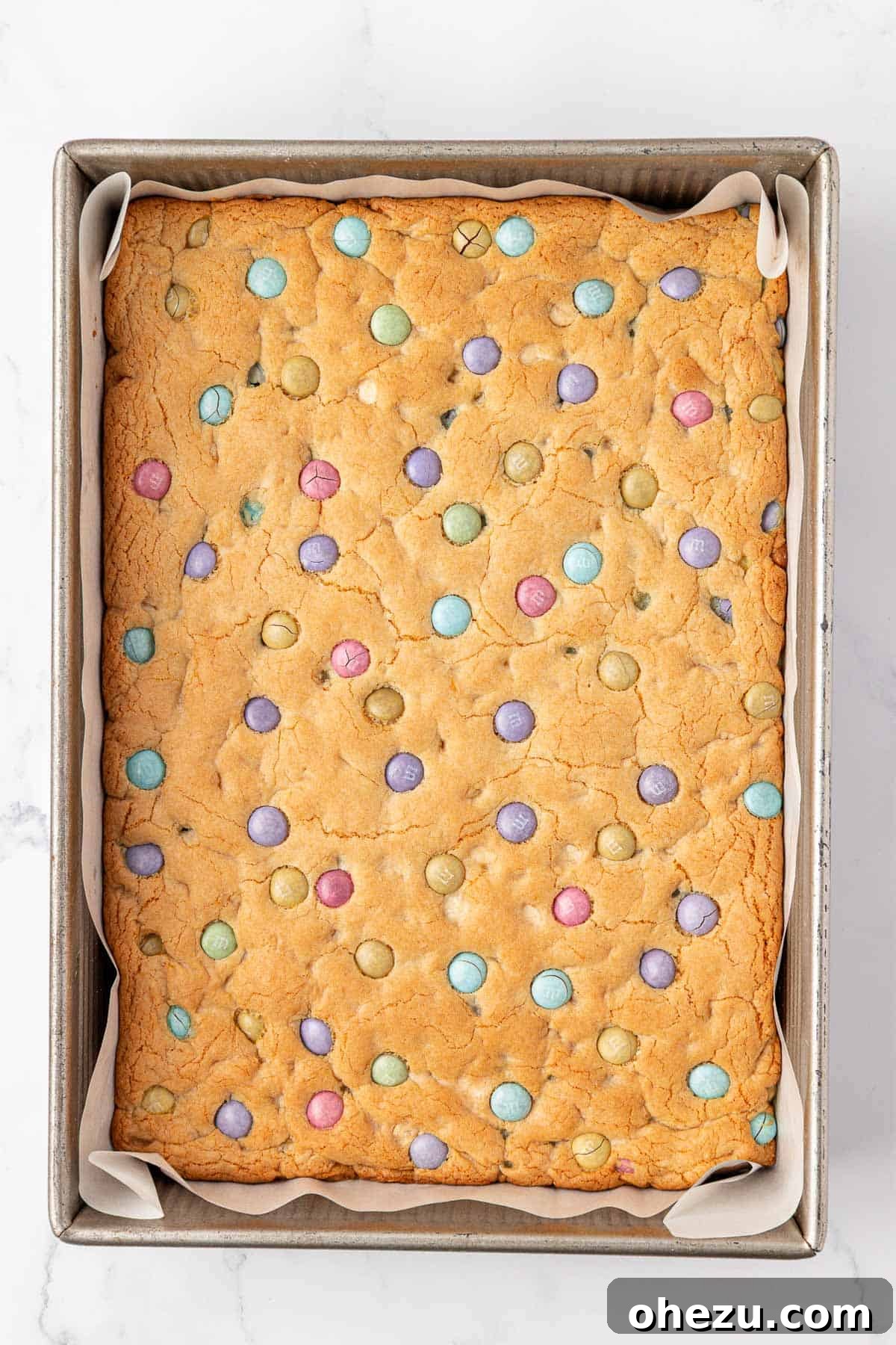 Baked cookie bars cooling in the baking pan.