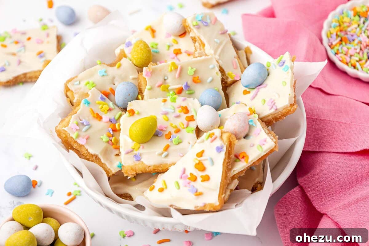 Festive Easter Crack saltine toffee with colorful Cadbury Mini Eggs and sprinkles, ready to be enjoyed