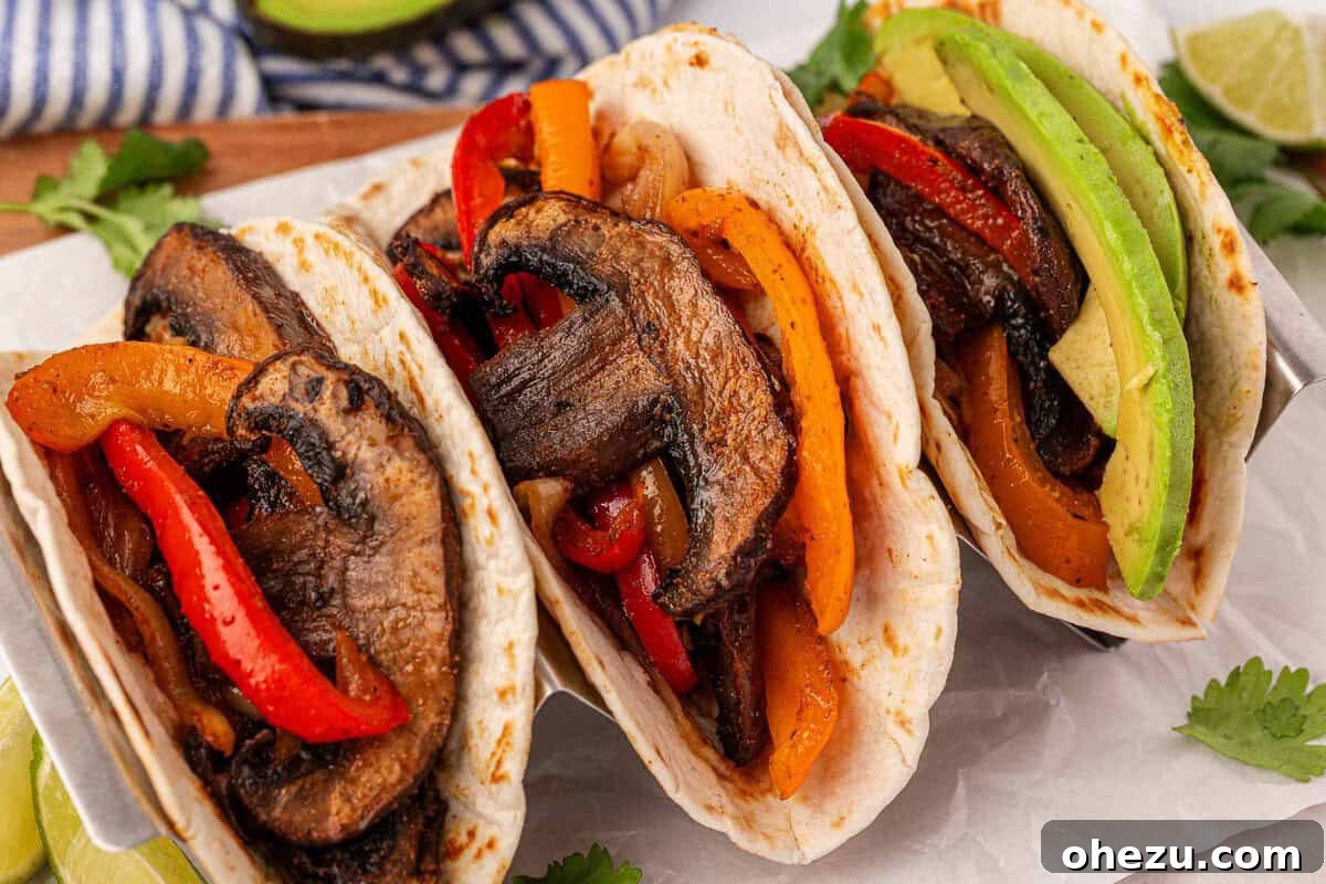 Smoky Portobello Fajita Sizzle 15 Portobello mushroom fajitas portioned into a bowl, ideal for meal preparation