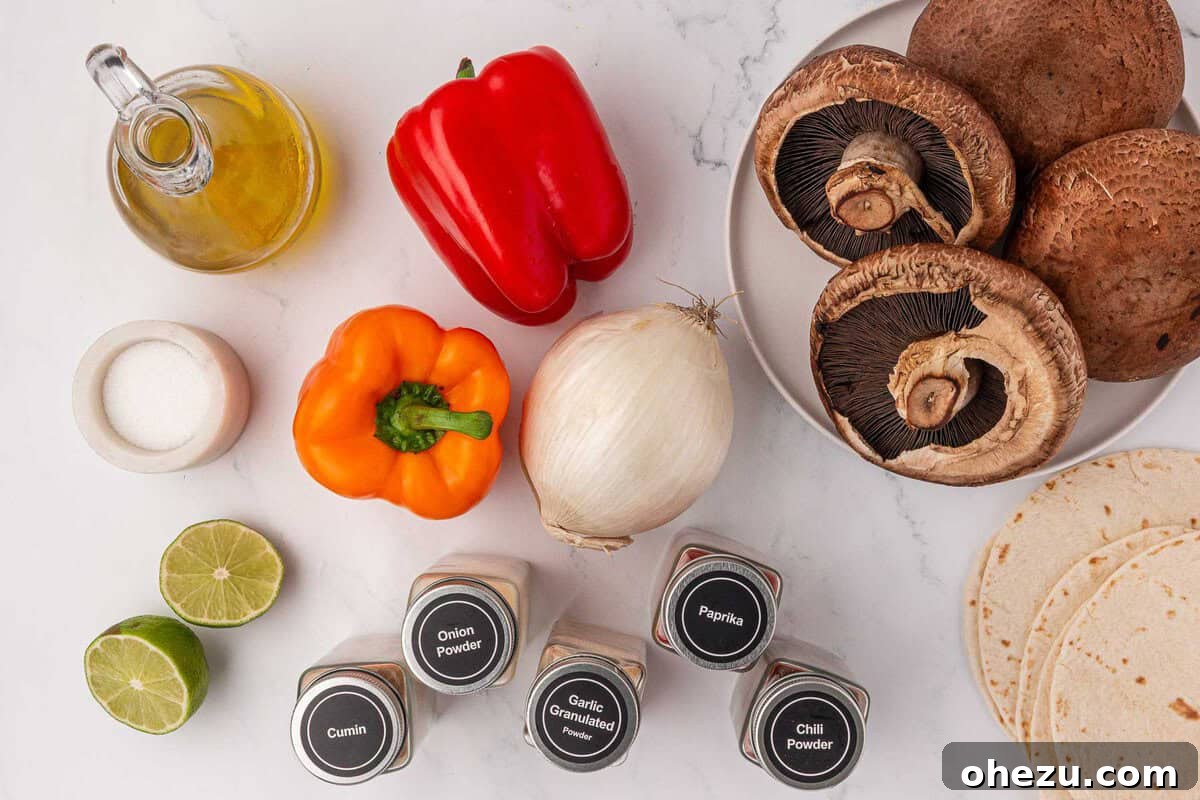 Smoky Portobello Fajita Sizzle 4 Ingredients for portobello mushroom fajitas displayed on a wooden board, including spices, oil, lime, and fresh vegetables