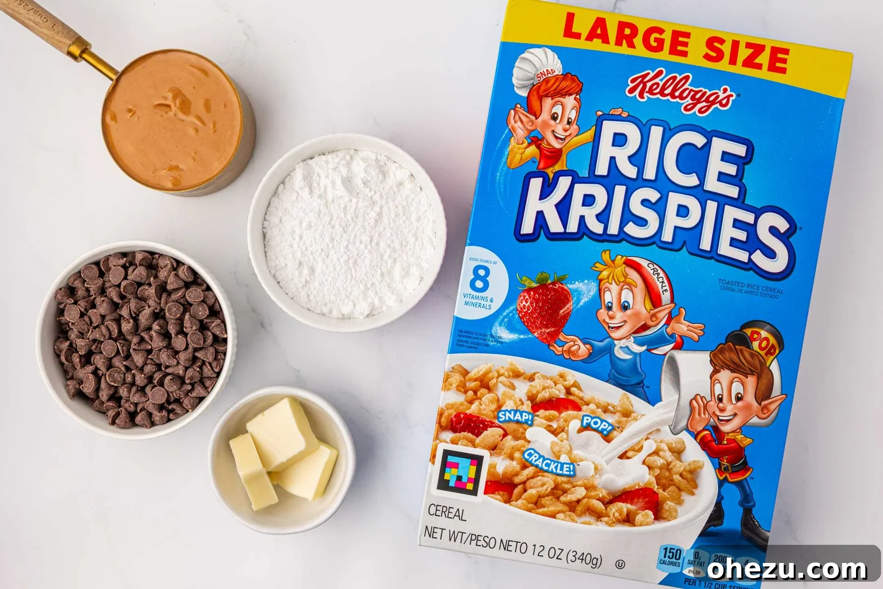 Chewy Peanut Butter Rice Krispie Bars Recipe 4 peanut butter, chocolate chips, powdered sugar, butter, and rice krispies