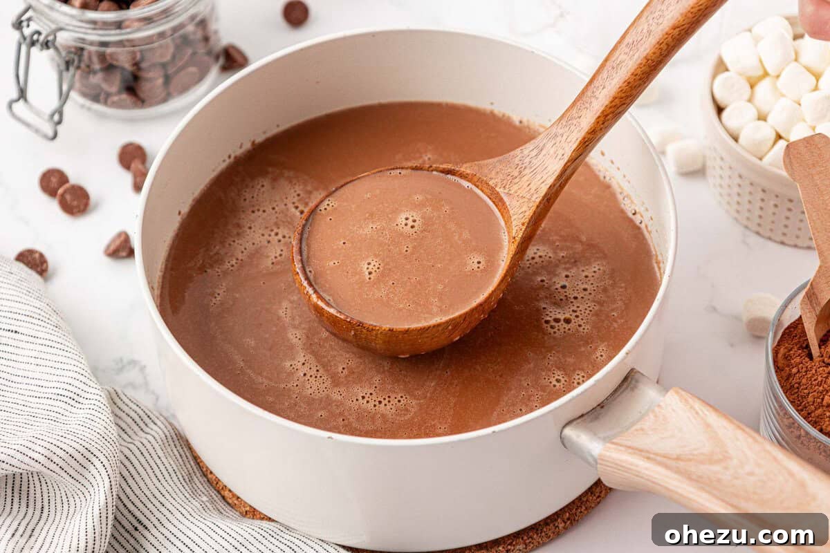How to Make Rich Homemade Hot Chocolate 11 a ladle with hot chocolate over a pot