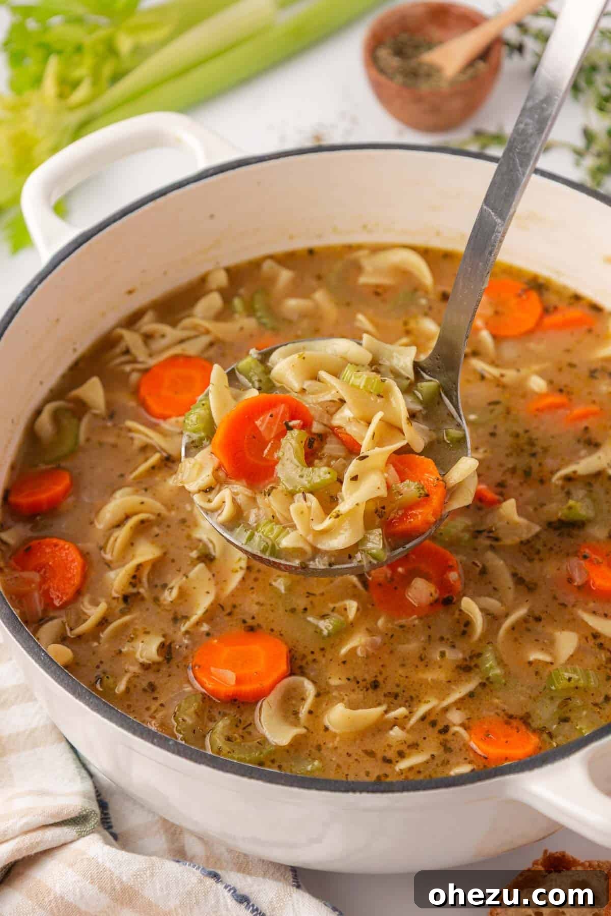 a ladle scooping vegetable noodle soup from a pot 