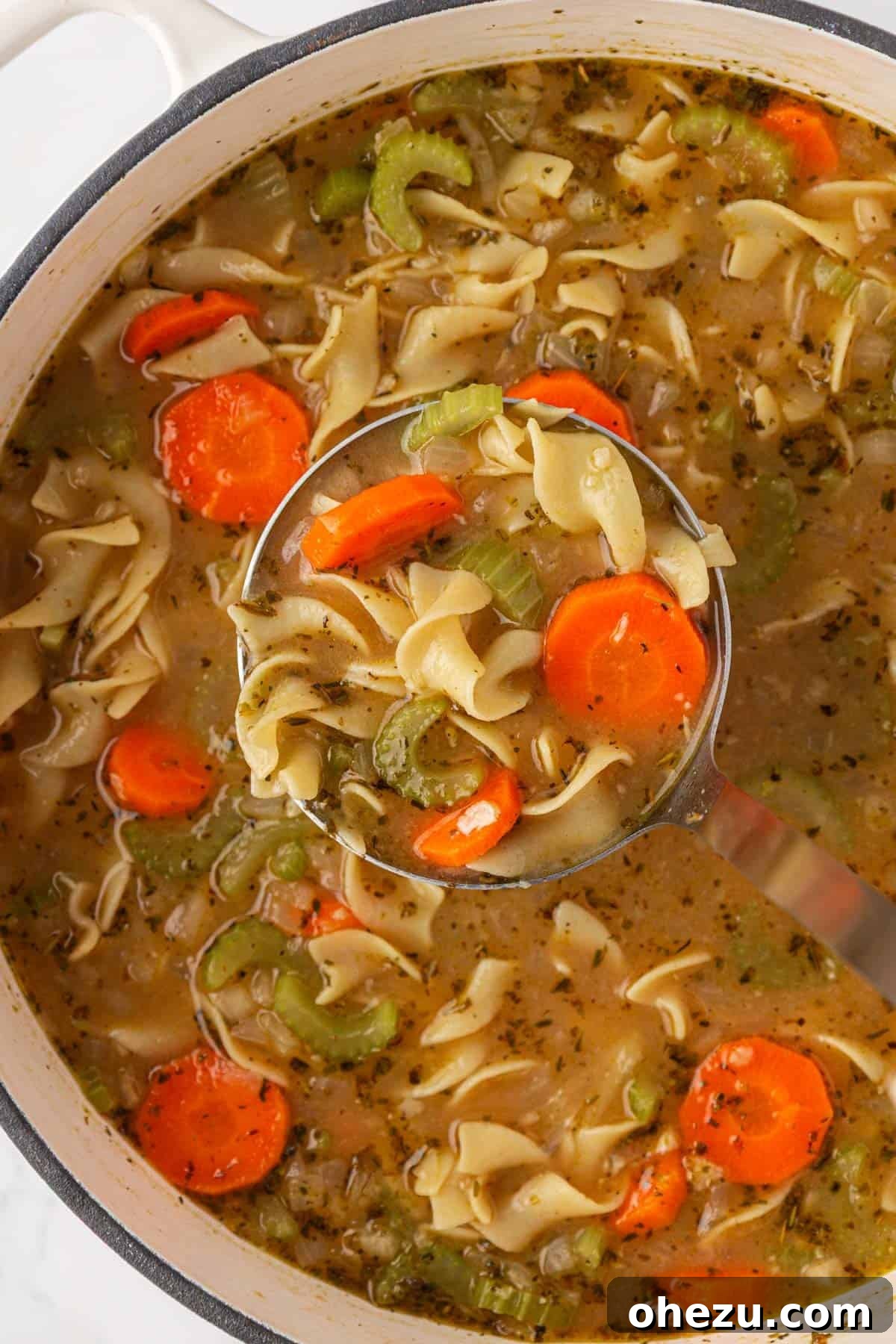 a ladle scooping vegetable noodle soup from a pot
