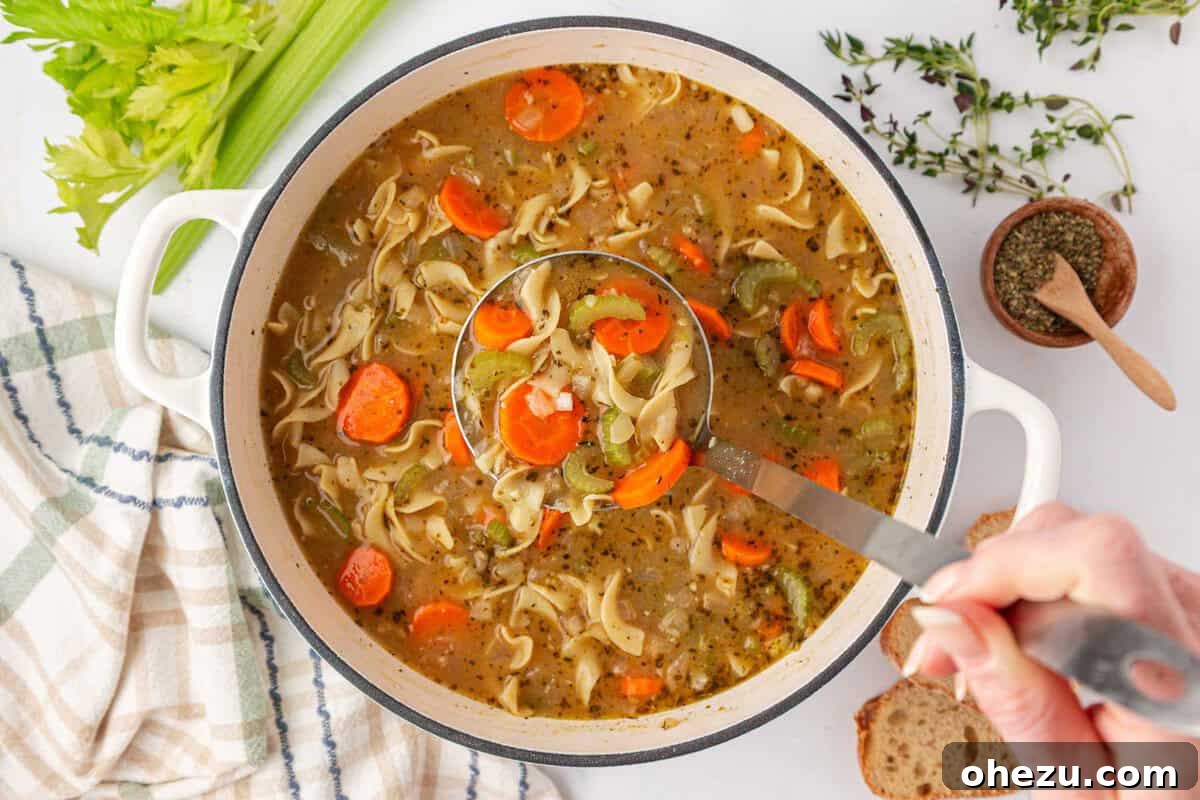 a ladle scooping vegetable noodle soup from a pot
