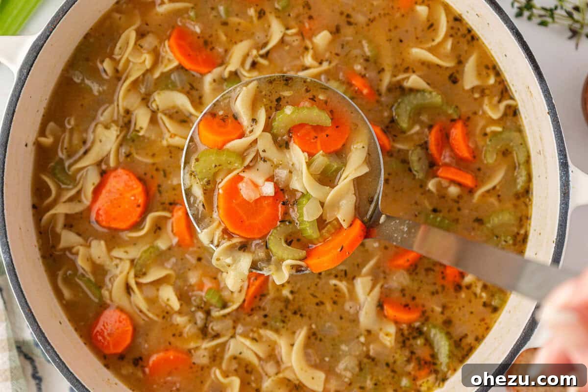 a ladle scooping vegetable noodle soup from a pot